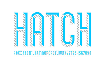 Hatched font, trendy striped gray blue alphabet sans serif, modern condensed letters and numbers