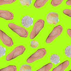 Female foot and shells of scallop. Seamless pattern.