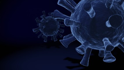 3d model of double Coronavirus Covid-19 blue color with blue spots lights effect background.