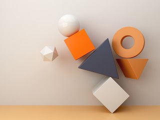 Minimal scene with geometrical forms in white abstract background. Set of Geometric shapes in chaotic composition. Ocher colors scene. Abstract minimal concept, blank space, clean design, 3d render.