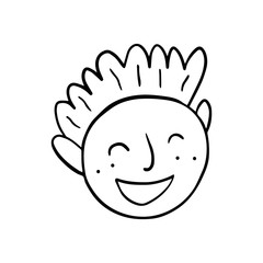 Man, boy face, positive emotion cartoon doodle hand drawn vector illustration, sticker, icon, design element. Black monochrome design. Isolated on white background. Easy to change color. Emoji, smile.