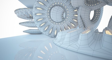 Abstract drawing architectural background. White interior with discs and neon lighting. 3D illustration and rendering.