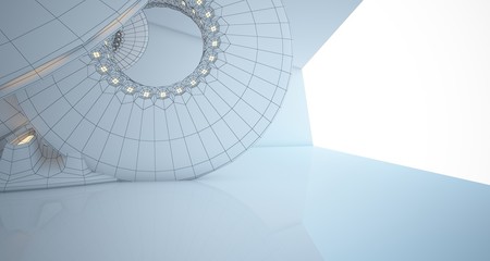 Abstract drawing architectural background. White interior with discs and neon lighting. 3D illustration and rendering.