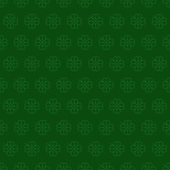 Seamless vector pattern with green clover leaves, shamrock on a dark green backdrop for St. Patrick's Day. Spring fest background for greetings card, flyer, decor, print, packaging design and more.