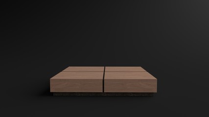 Square wooden Pedestal, Podium for display product on the Black floor. Pedestal can be used for commercial advertising, Isolated on black background, Minimalist Black, illustration, 3D rendering.