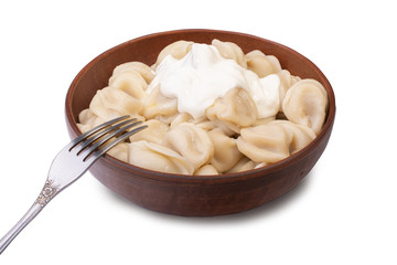 delicious dumplings with sour cream sprinkled with dill in a plate of red clay close up on a white background