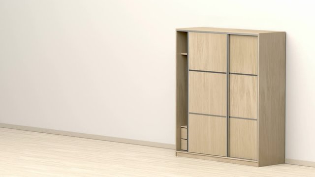 Wood wardrobe with sliding doors in the room
