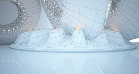 Abstract drawing architectural background. White interior with discs and neon lighting. 3D illustration and rendering.