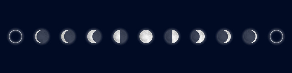 Lunar phases. Cycle from the full moon to new moon. Isolated on blue background. Vector illustration. - obrazy, fototapety, plakaty