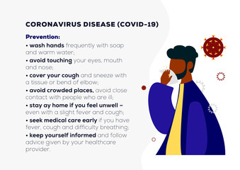 Novel coronavirus SARS-CoV-2 healthcare and medicine infographic elements, preventive prescriptions. COVID-19 Virus outbreak spread. Pneumonia disease. Coughing man illustration. 