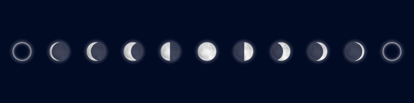 Lunar phases. Cycle from the full moon to new moon. Isolated on blue background. Vector illustration.
