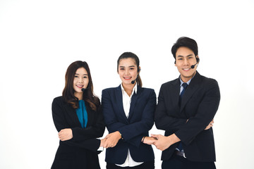 Portrait of positive smile young business staff asian call center team woman and man
