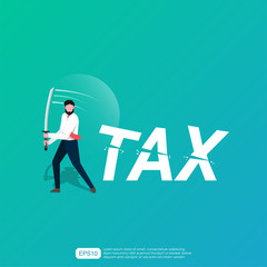 Tax cutting concept. Business man using sword to cut the word tax. metaphor vector illustration template