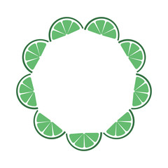 Round green frame composed of tropical slices lime fruit. Vector card illustration. Circle citrus oranges limes lemons frame. Ripe fresh fruits for design juice, breakfast food drink