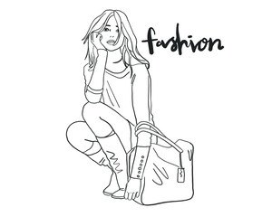 vector illustration, sketch line, fashion model girls. Sketch for fashion glossy magazines and stylish clothing stores
