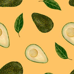 Seamless pattern with whole avocado, sliced boneless avocado and green avocado leaf. Floral pattern isolated on a light orange background. Raster Square Seamless Pattern with Avocado Parts