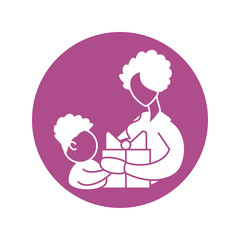 woman and son with gift box, silhouette style icon