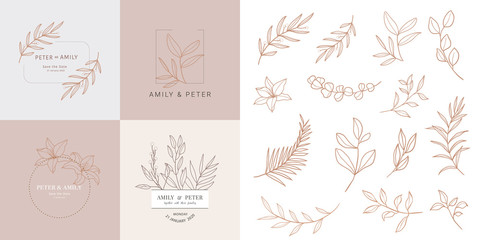 Wedding logo, Botanical rustic trendy greenery vector illustration Floral logo design for wedding invitation, RSVP, Thank you cards,  save the date card, Vector illustration.