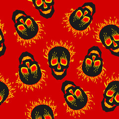 Human skull on fire. Seamless ornament, pattern, background and template. Vector square white background