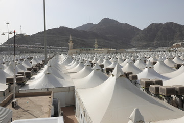 Makkah, Saudi Arabia : Landscape of Mina, City of Tents, the area for hajj pilgrims to camp during jamrah 'stoning of the devil' ritual - August 1, 2018