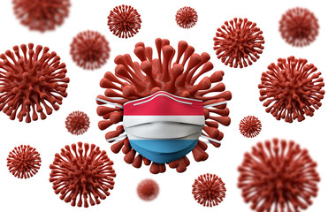 Luxembourg flag protective mask on a virus bacteria. 3D Render