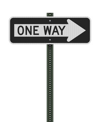 Vector illustration of the One Way horizontal right arrow road sign on metallic green post (easily editable to left arrow) - obrazy, fototapety, plakaty