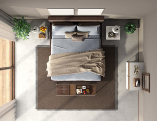 Top view of a blue and brown master bedroom - 329765982
