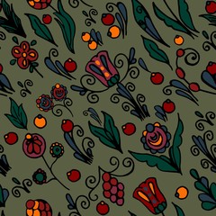 Flowers and berries in russian ethnic style seamless pattern.