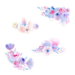 watercolor composition of pink-violet-blue yellow flowers for holidays, invitations