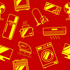 Symbols and images of household appliances. Seamless ornament, pattern, background and template. Vector square white background