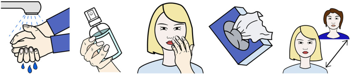 Set of hygiene tips to individual prevention of coronavirus diseases or droplet infection illnesses