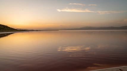 Sunset over the coast of Maharloo pink lake, Shiraz, Iran