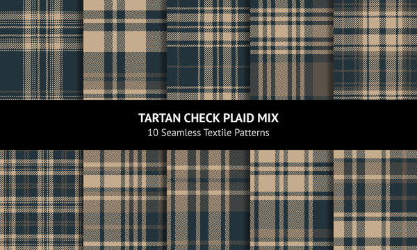 Seamless plaid patterns set. Ten dark brown and blue tartan check plaids for blanket, throw, flannel shirt, or other autumn and winter fabric design.
