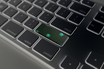 computer virus from internet, with message on enter key of keyboard.