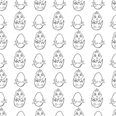 little chick in egg and hatched chicken seamless pattern on transparent background in black and white. Elements for designing invitation cards for Happy Easter