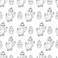 Fotobehang chicken and little chick in egg seamless pattern on transparent background in black and white. Elements for designing invitation cards for Happy Easter © Yevheniia