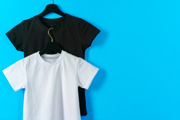 Black and white color two plain t-shirts, copy space