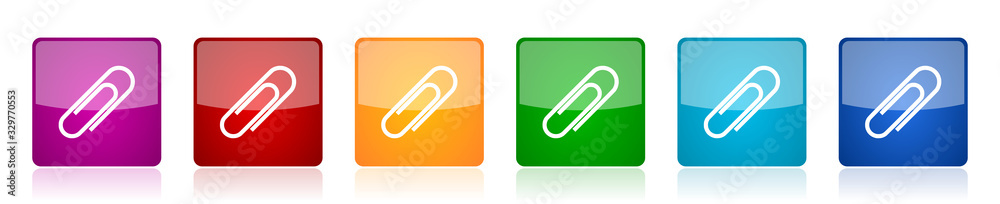 Poster Paperclip icon set, colorful square glossy vector illustrations in 6 options for web design and mobile applications