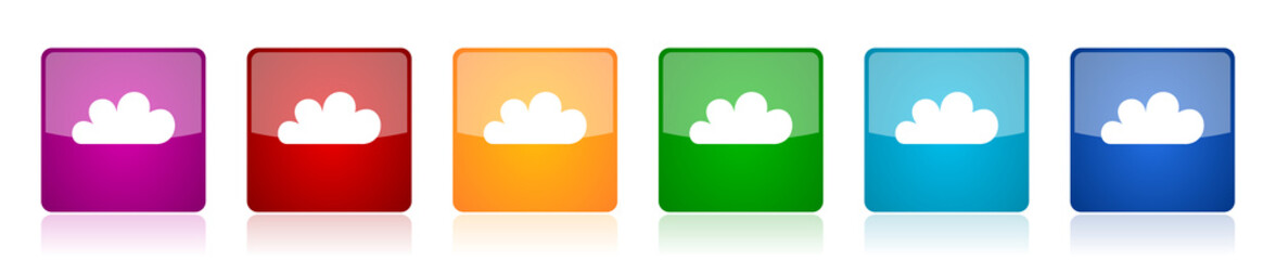 Cloud icon set, colorful square glossy vector illustrations in 6 options for web design and mobile applications