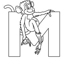 animal alphabet. capital letter M, Monkey. Raster illustration. For pre school education, kindergarten and foreign language learning for kids and children. Coloring page and books, zoo topic.