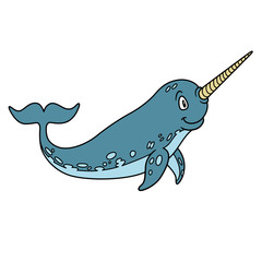animal narwhal. Raster illustration. For pre school education, kindergarten and kids and children. For print and books, zoo topic. ocean, sea and underwater fish species. unusual and rare animal
