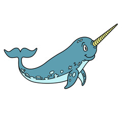 animal narwhal. Vector illustration. For pre school education, kindergarten and kids and children. For print and books, zoo topic. ocean, sea and underwater fish species. unusual and rare animal