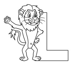animal alphabet. capital letter L, Lion. vector illustration. For pre school education, kindergarten and foreign language learning for kids and children. Coloring page and books, zoo topic.