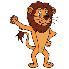 animal lion. Raster illustration. For pre school education, kindergarten and kids and children. For print and books, zoo topic. african big cat waving hand or paw and smiling happy face, friendly