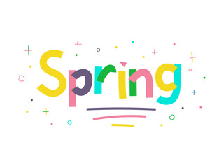 Lettering Spring. Word spring isolated on a white background. Pastel hand drawn concept. Paper Cut colored letters with dots, lines, stars. Fresh spring lettering. Vector stock season illustration