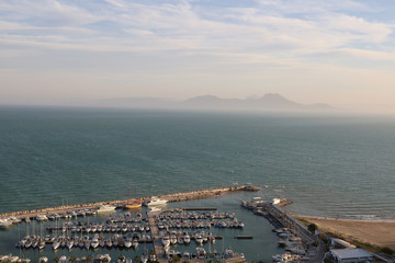 Sunset over the port of Sidi Bou Said in Tunisia