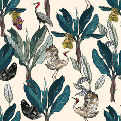 Seamless Pattern Navy Blue Palms with Cranes and Sloth, Exotic Wallpaper Design, Banana Trees with Wildlife Birds Textile Design - 329774101