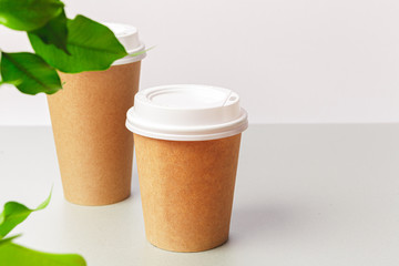 Disposable paper coffee cup and green leaf. Ecology concept