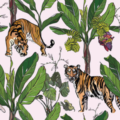 Palms with Banana Flower with Tiger, Exotic Wildlife Rainforest, Tropical Plants with Wild Cats Illustration, Beautiful Hand Drawn Jungle Forest Textile Design