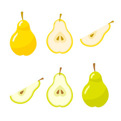 Pear set isolated on white background. Different cuts. Whole fruit, half and quarter. Vector icons.